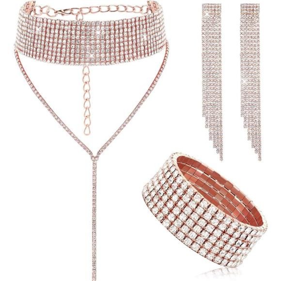 Jewelry - Hicarer 3 Pieces Women Rhinestone Jewelry Set Rhinestone Tassel Choker Necklace